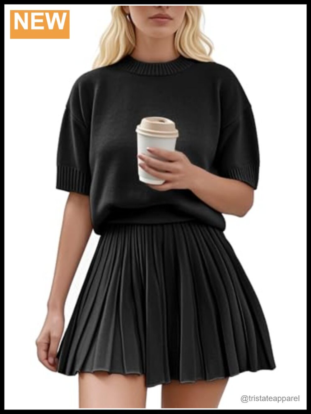 Womens 2 Piece Outfits Short Sleeve Crewneck Knit Top Pleated Mini Skirt Set